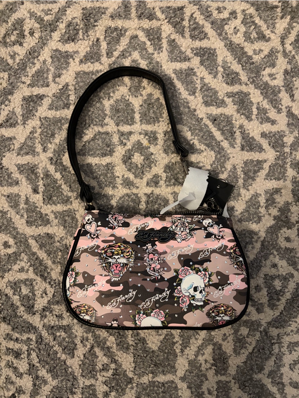 Ed Hardy Pink Patterned Mini Shoulder Bag with Black Trim